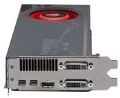 AMD Radeon HD 6950 showing its two DisplayPorts, one analog VGA port and two DVI-I ports 