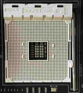 An AMD AM4 processor socket on a motherboard for AMD's Ryzen and Ryzen 2 processors
