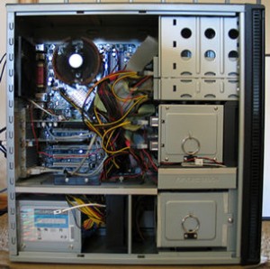 Antec P180 ATX case showing the SATA hard disk and optical CD/DVD drives and cabling