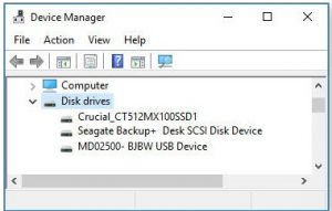The Windows 10 Device Manager showing the computer’s three disk drives.