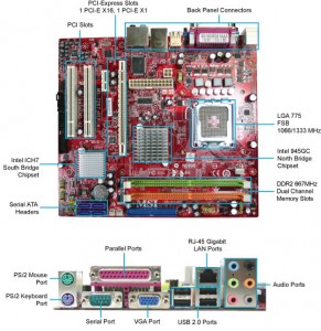 Annotated images of the MSI 945GCM5-F Socket LGA775 ATX motherboard and its ports panel