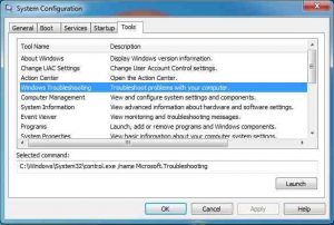 Windows 7 System Configuration window with its Tools tab open