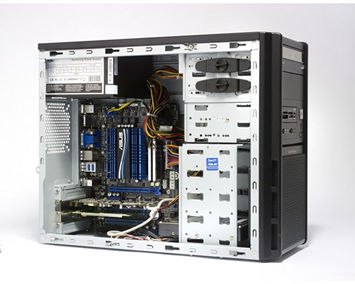 Upgrade Win7 PC - Desktop PC with one side-panel removed showing the motherboard and drive bays