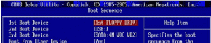 The page in an AMI BIOS setup program showing the settings for the boot order of devices - Floppy drive, USB drive, SATA hard disk drive