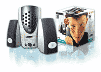A basic set of stereo speakers and their packaging 