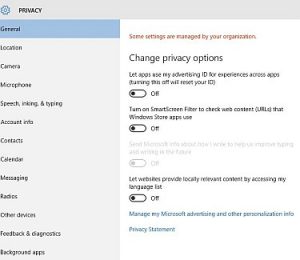 Where the Windows 10 security settings can be disabled or enabled
