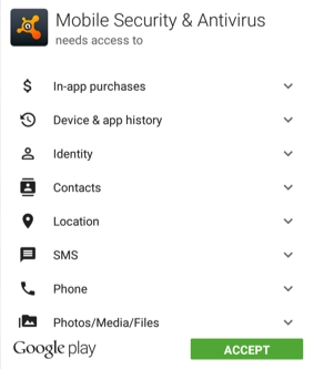 Avast Android permissions. Showing what the Android version of the Avast anti-virus scanner requires to access