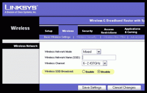 The configuration webpage of a Linksys modem router showing the SSID setting