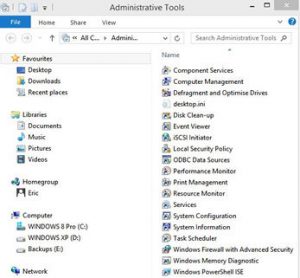 The Administrative Tools in Windows 8 showing the tools