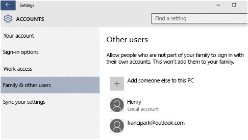 Showing where to add new User accounts in Windows 10 under Settings