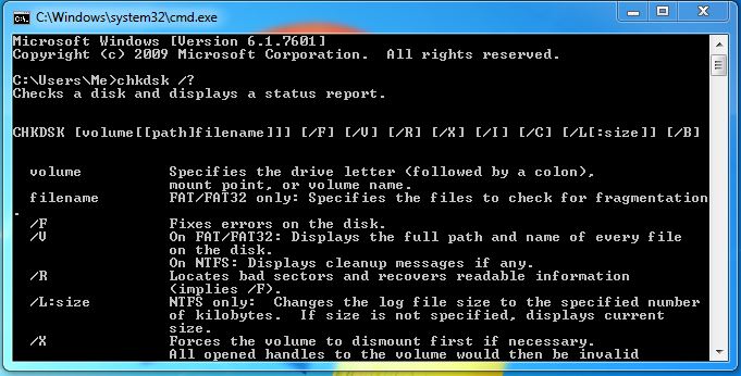 The switches of the chkdsk command brought up by entering chkdsk /? at the Command Prompt