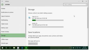 The Storage feature in Windows 10 brought up by typing the word storage in the Search box 