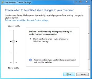 User Access Control (UAC) settings in Windows 10