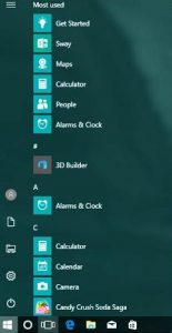 Close-up of the first two columns of the Windows 10 Anniversary Update Start menu