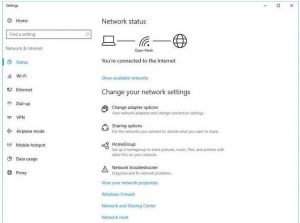 New Status tab in the Network & Internet section of the Windows 10 Anniversary Update Settings app