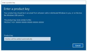 The Windows installation setup "Enter a product key" dialog box