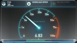 ADSL broadband connection speed test by speedtest.net, showing a maximum speed of 6.83mpbs