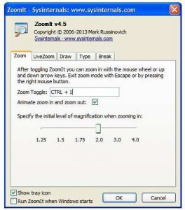 Windows screen magnifiers: ZoomIt showing its options tabs