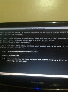 Windows missing or corrupt Registry error message