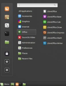 Linux Mint start Menu showing the Office => LibreOffice options