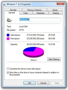 Hard drive hogged - Windows 7 Properties window showing indexing enabled