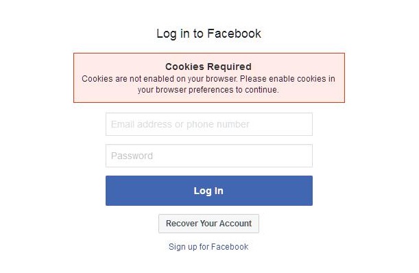 Facebook cookies - message that appears after entering your user name and password in Facebook that prevents login