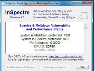 The InSpectre tool that shows if a PC system has the Meltdown/Spectre Intel or AMD processor vulnerabilities