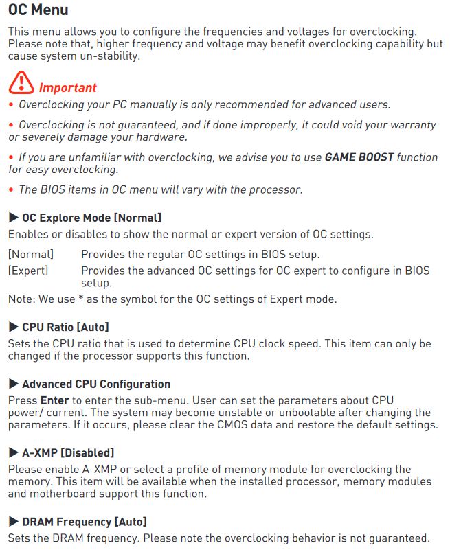 MSI AMD Ryzen motherboard OC Menu that allows the manual configuration of overclocking settings