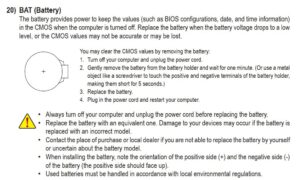 Instructions to reset the BIOS by removing its battery