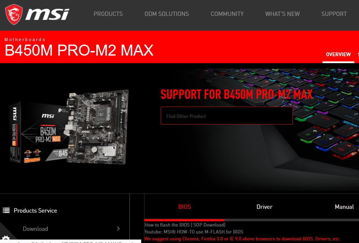MSI BIOs Support page