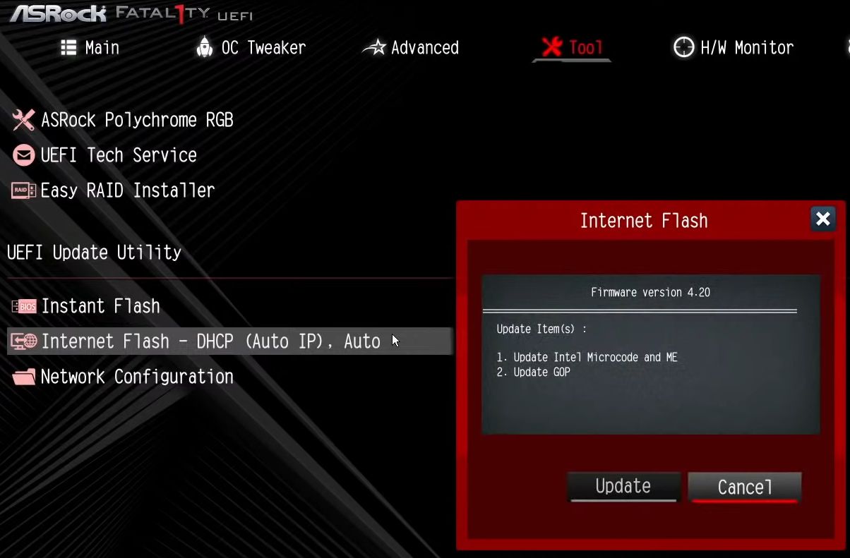 ASRock BIOS update – Showing the Internet Flash BIOS update feature within an ASRock Fatality UEFI BIOS