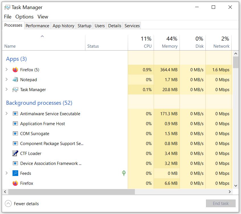 The Processes tab in the Windows Task Manager showing which processes and programs are running and how much memory they are using